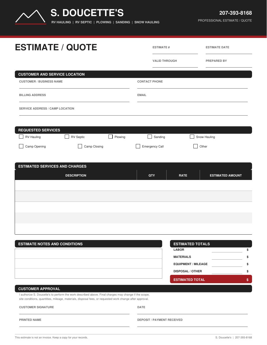 Professional estimate form