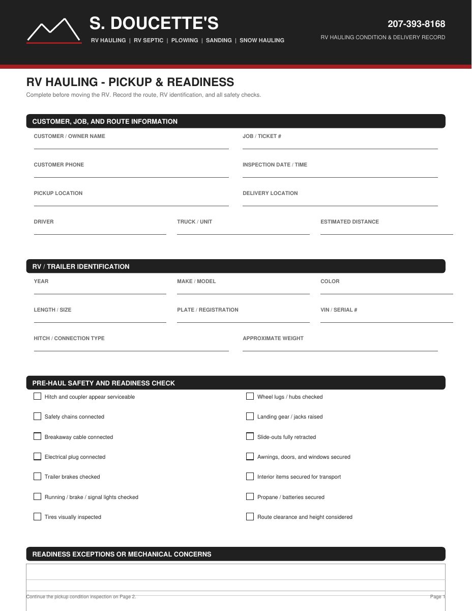 RV hauling condition record